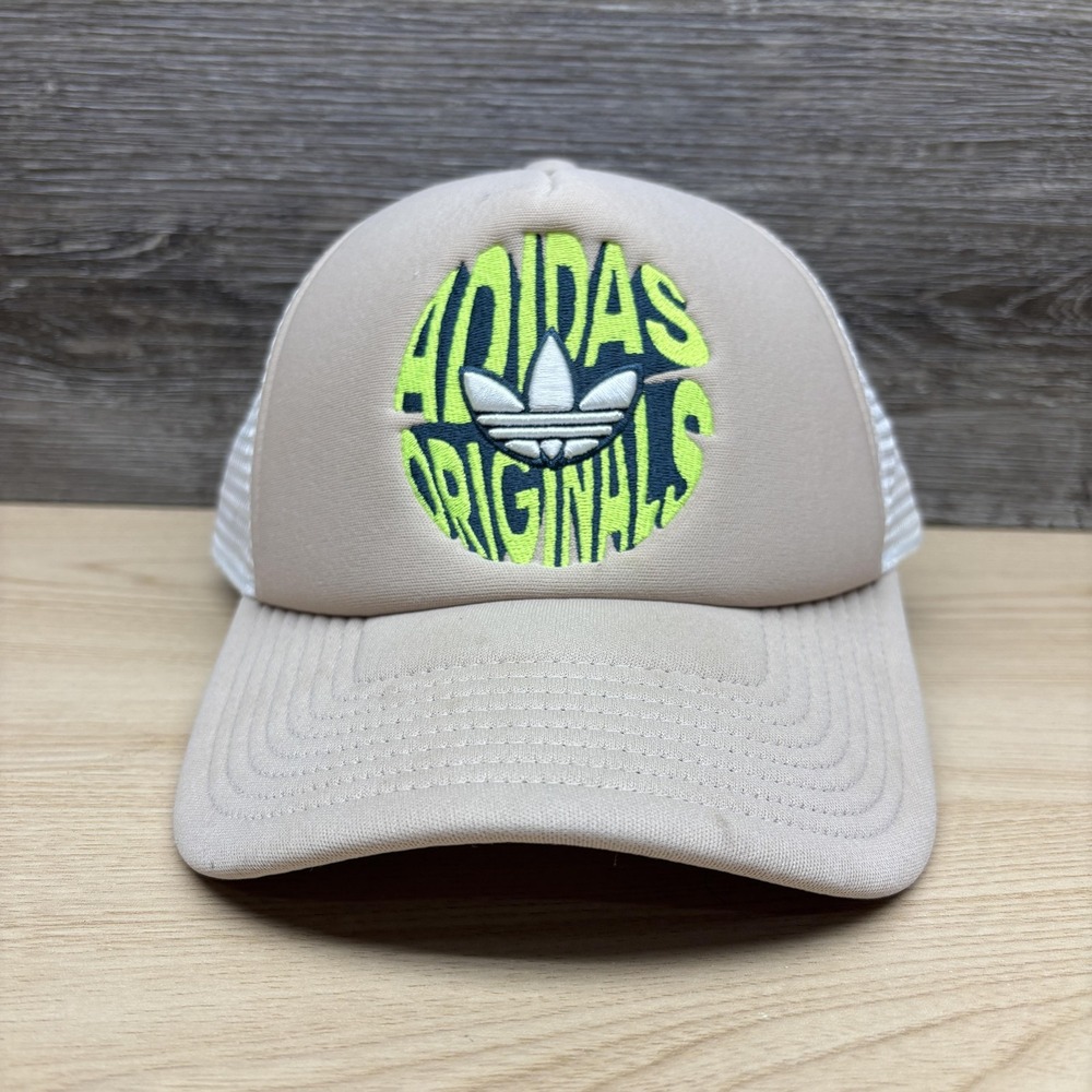 Adidas Originals Hat Cap Snap Back Beige Trucker Mesh Trefoil Logo Mens